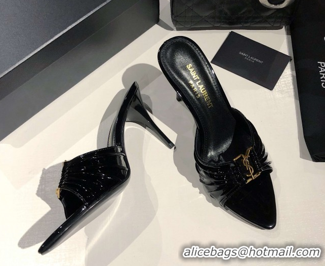 Luxury Cheap Saint Laurent Babylone Heel Slides Sandal 10.5cm in Patent Leather with Framed YSL Black 0424015