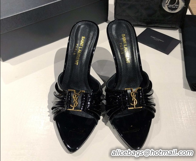 Luxury Cheap Saint Laurent Babylone Heel Slides Sandal 10.5cm in Patent Leather with Framed YSL Black 0424015
