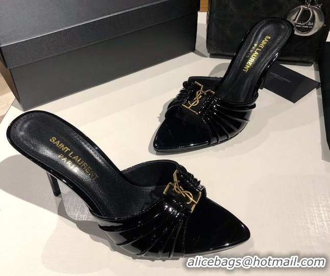 Luxury Cheap Saint Laurent Babylone Heel Slides Sandal 10.5cm in Patent Leather with Framed YSL Black 0424015