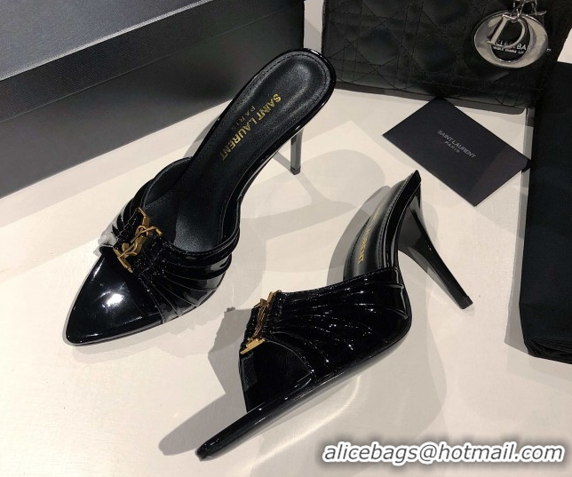 Luxury Cheap Saint Laurent Babylone Heel Slides Sandal 10.5cm in Patent Leather with Framed YSL Black 0424015