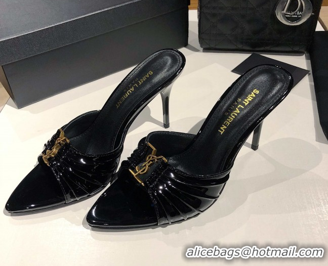 Luxury Cheap Saint Laurent Babylone Heel Slides Sandal 10.5cm in Patent Leather with Framed YSL Black 0424015