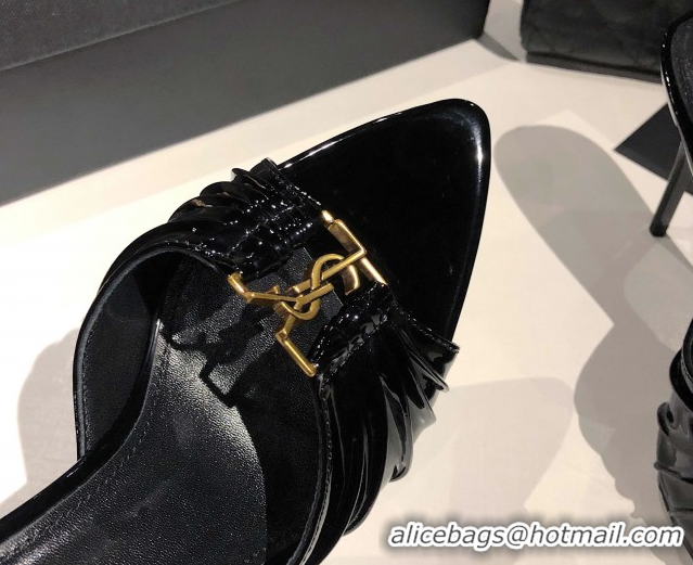 Luxury Cheap Saint Laurent Babylone Heel Slides Sandal 10.5cm in Patent Leather with Framed YSL Black 0424015