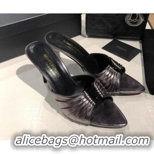 Hot Style Saint Laurent Babylone Heel Slides Sandal 10.5cm in Calf Leather with Framed YSL Metallic Grey 0424021