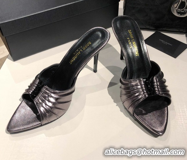 Hot Style Saint Laurent Babylone Heel Slides Sandal 10.5cm in Calf Leather with Framed YSL Metallic Grey 0424021