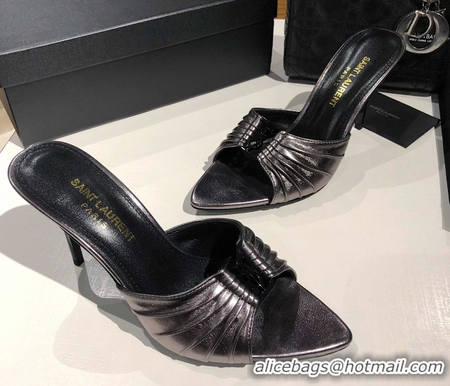 Hot Style Saint Laurent Babylone Heel Slides Sandal 10.5cm in Calf Leather with Framed YSL Metallic Grey 0424021