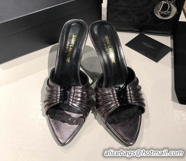 Hot Style Saint Laurent Babylone Heel Slides Sandal 10.5cm in Calf Leather with Framed YSL Metallic Grey 0424021