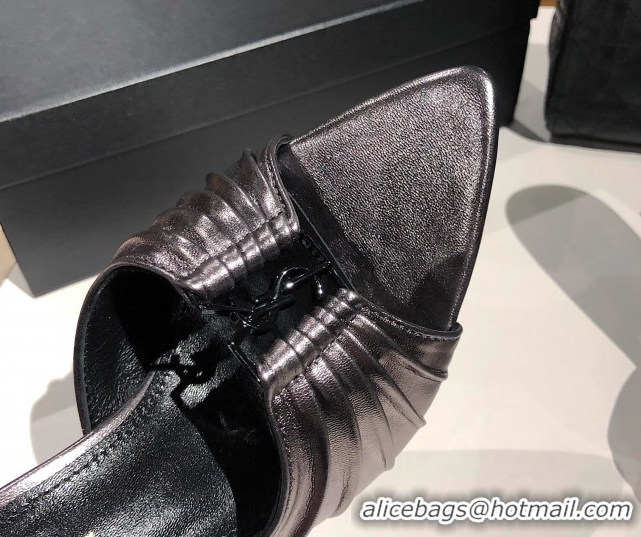 Hot Style Saint Laurent Babylone Heel Slides Sandal 10.5cm in Calf Leather with Framed YSL Metallic Grey 0424021