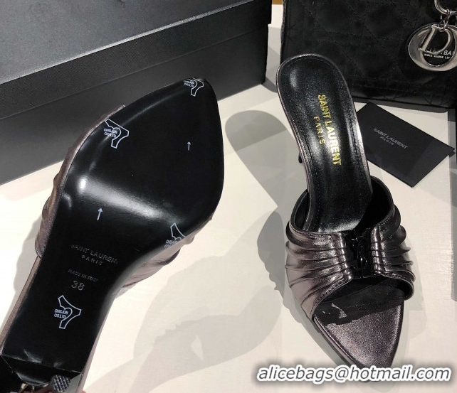 Hot Style Saint Laurent Babylone Heel Slides Sandal 10.5cm in Calf Leather with Framed YSL Metallic Grey 0424021