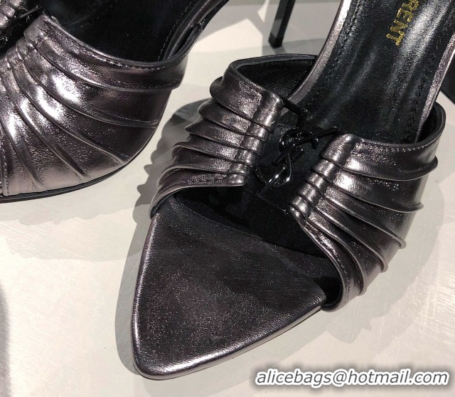 Hot Style Saint Laurent Babylone Heel Slides Sandal 10.5cm in Calf Leather with Framed YSL Metallic Grey 0424021