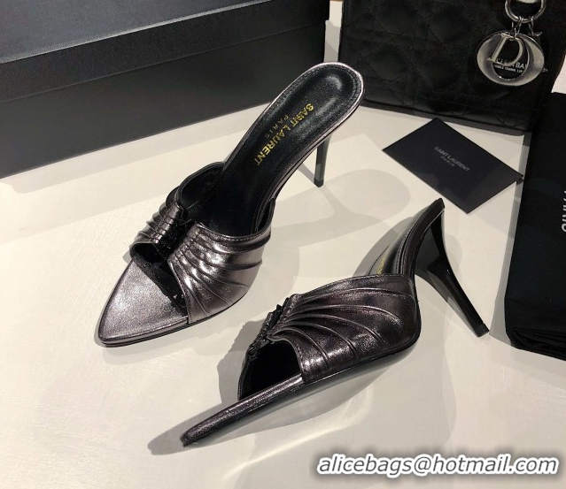Hot Style Saint Laurent Babylone Heel Slides Sandal 10.5cm in Calf Leather with Framed YSL Metallic Grey 0424021