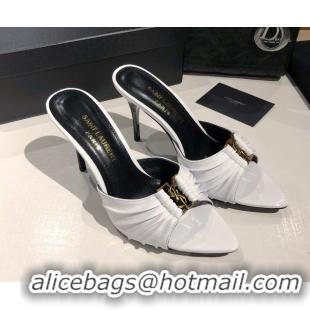 Pretty Style Saint Laurent Babylone Heel Slides Sandal 10.5cm in Patent Leather with Framed YSL White 0424016