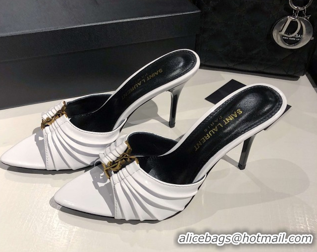 Pretty Style Saint Laurent Babylone Heel Slides Sandal 10.5cm in Patent Leather with Framed YSL White 0424016
