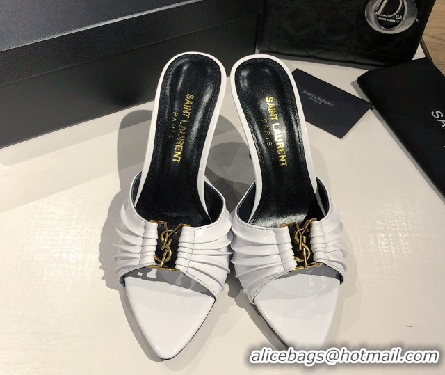 Pretty Style Saint Laurent Babylone Heel Slides Sandal 10.5cm in Patent Leather with Framed YSL White 0424016