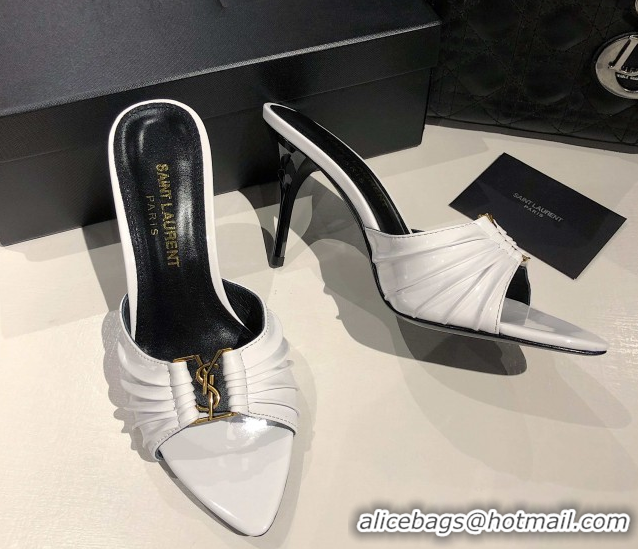 Pretty Style Saint Laurent Babylone Heel Slides Sandal 10.5cm in Patent Leather with Framed YSL White 0424016