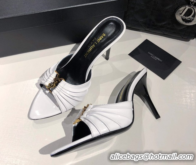 Pretty Style Saint Laurent Babylone Heel Slides Sandal 10.5cm in Patent Leather with Framed YSL White 0424016