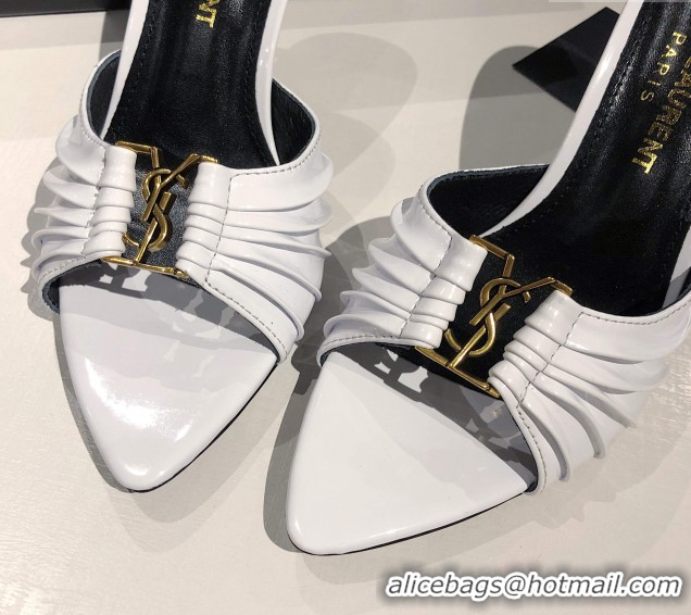 Pretty Style Saint Laurent Babylone Heel Slides Sandal 10.5cm in Patent Leather with Framed YSL White 0424016