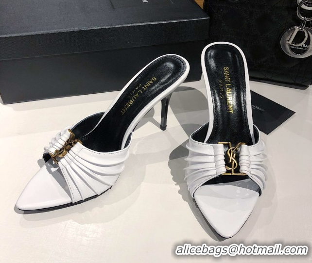 Pretty Style Saint Laurent Babylone Heel Slides Sandal 10.5cm in Patent Leather with Framed YSL White 0424016