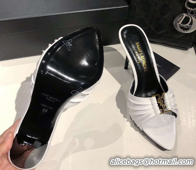 Pretty Style Saint Laurent Babylone Heel Slides Sandal 10.5cm in Patent Leather with Framed YSL White 0424016