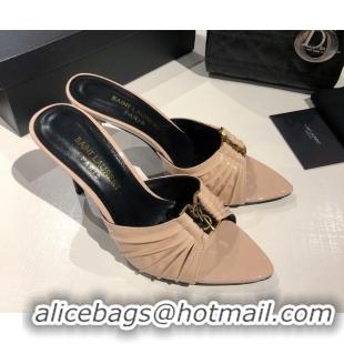 Duplicate Saint Laurent Babylone Heel Slides Sandal 10.5cm in Patent Leather with Framed YSL Nude 0424017