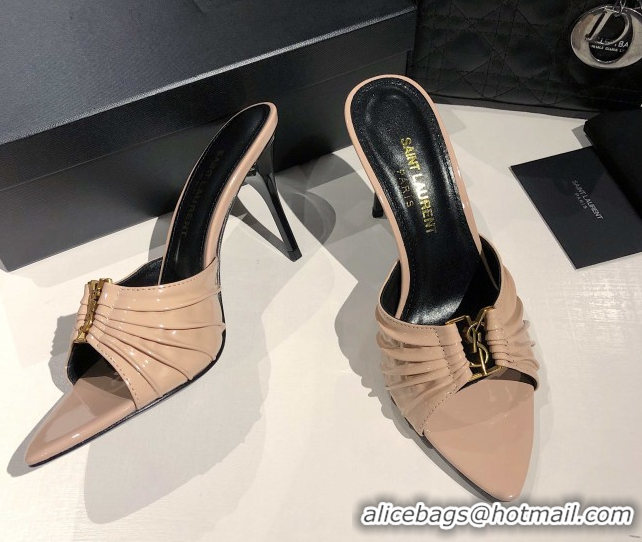 Duplicate Saint Laurent Babylone Heel Slides Sandal 10.5cm in Patent Leather with Framed YSL Nude 0424017