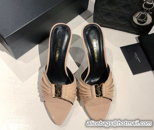 Duplicate Saint Laurent Babylone Heel Slides Sandal 10.5cm in Patent Leather with Framed YSL Nude 0424017