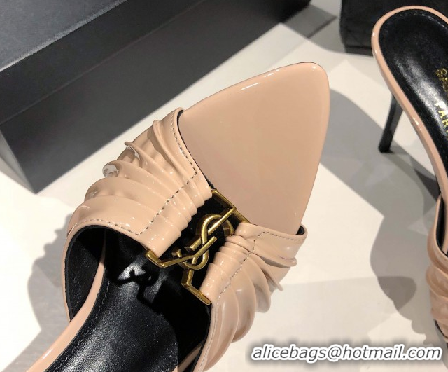 Duplicate Saint Laurent Babylone Heel Slides Sandal 10.5cm in Patent Leather with Framed YSL Nude 0424017