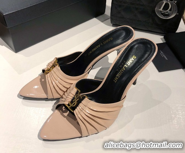 Duplicate Saint Laurent Babylone Heel Slides Sandal 10.5cm in Patent Leather with Framed YSL Nude 0424017