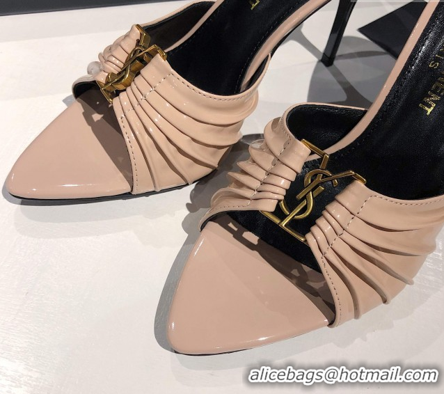Duplicate Saint Laurent Babylone Heel Slides Sandal 10.5cm in Patent Leather with Framed YSL Nude 0424017