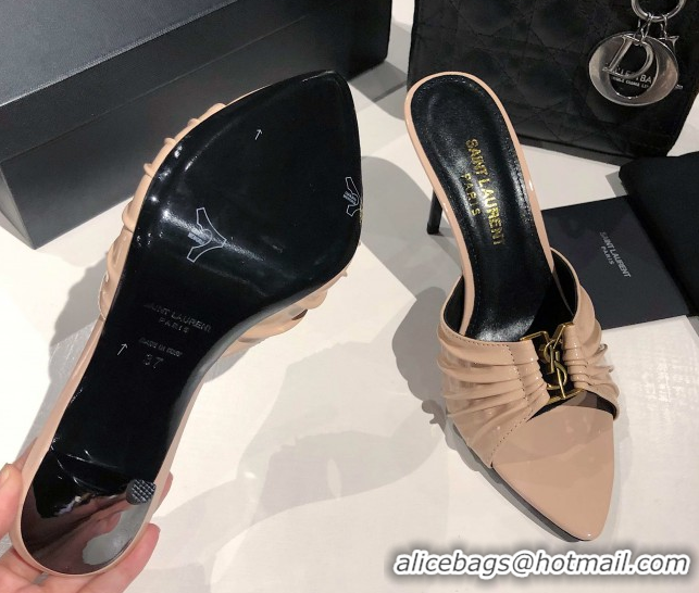 Duplicate Saint Laurent Babylone Heel Slides Sandal 10.5cm in Patent Leather with Framed YSL Nude 0424017