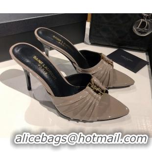 Sumptuous Saint Laurent Babylone Heel Slides Sandal 10.5cm in Patent Leather with Framed YSL Grey 0424018
