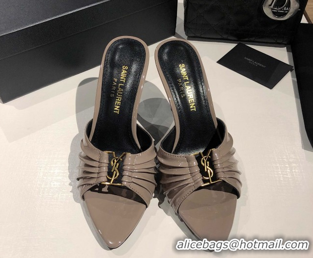 Sumptuous Saint Laurent Babylone Heel Slides Sandal 10.5cm in Patent Leather with Framed YSL Grey 0424018
