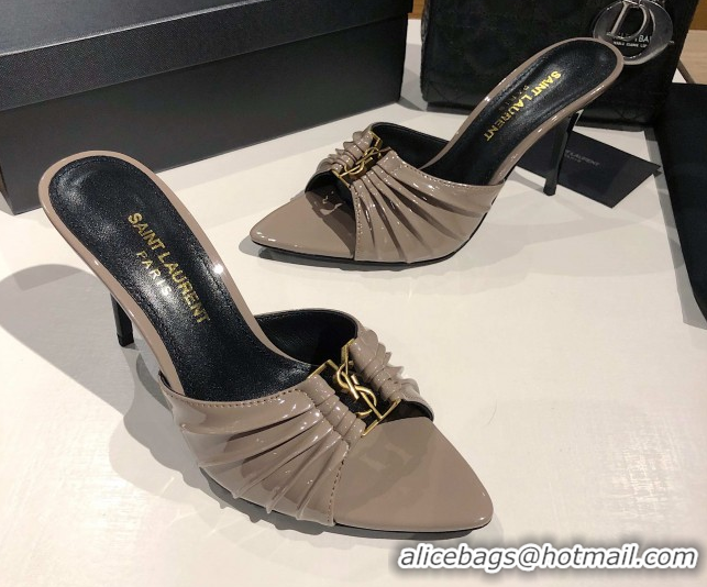 Sumptuous Saint Laurent Babylone Heel Slides Sandal 10.5cm in Patent Leather with Framed YSL Grey 0424018