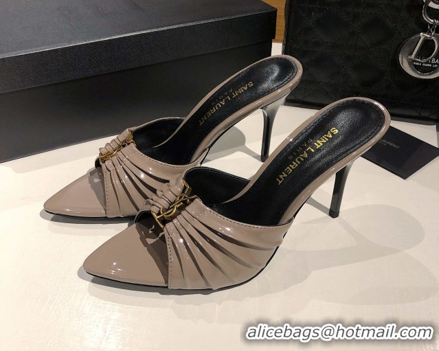 Sumptuous Saint Laurent Babylone Heel Slides Sandal 10.5cm in Patent Leather with Framed YSL Grey 0424018