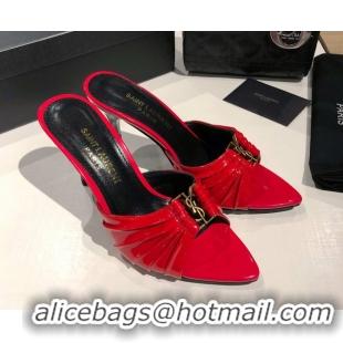 Buy Discount Saint Laurent Babylone Heel Slides Sandal 10.5cm in Patent Leather with Framed YSL Red 0424019