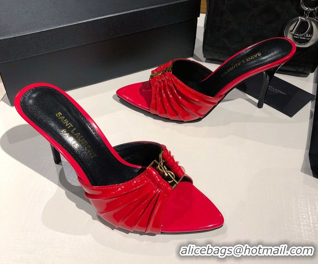 Buy Discount Saint Laurent Babylone Heel Slides Sandal 10.5cm in Patent Leather with Framed YSL Red 0424019