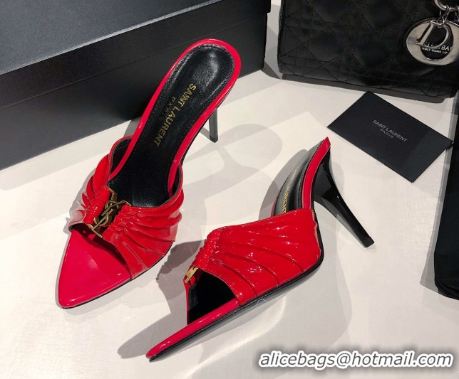 Buy Discount Saint Laurent Babylone Heel Slides Sandal 10.5cm in Patent Leather with Framed YSL Red 0424019