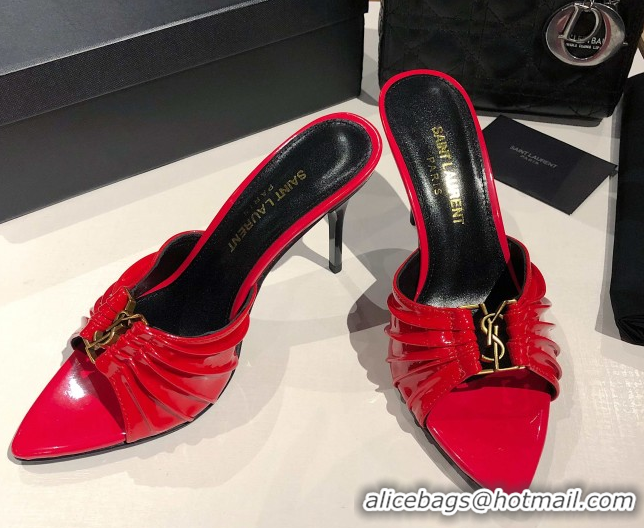 Buy Discount Saint Laurent Babylone Heel Slides Sandal 10.5cm in Patent Leather with Framed YSL Red 0424019