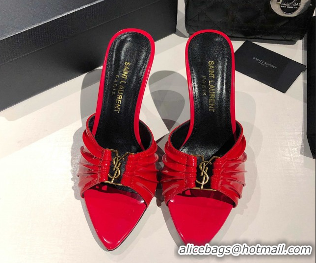Buy Discount Saint Laurent Babylone Heel Slides Sandal 10.5cm in Patent Leather with Framed YSL Red 0424019