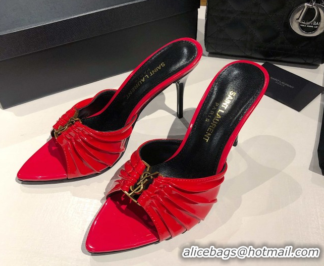 Buy Discount Saint Laurent Babylone Heel Slides Sandal 10.5cm in Patent Leather with Framed YSL Red 0424019
