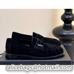 Unique Style Saint Laurent Le Loafers Penny Slippers in Suede Black 0424022