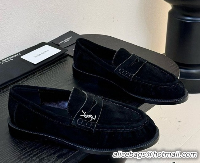 Unique Style Saint Laurent Le Loafers Penny Slippers in Suede Black 0424022