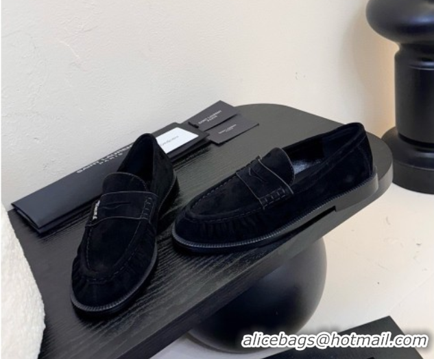 Unique Style Saint Laurent Le Loafers Penny Slippers in Suede Black 0424022