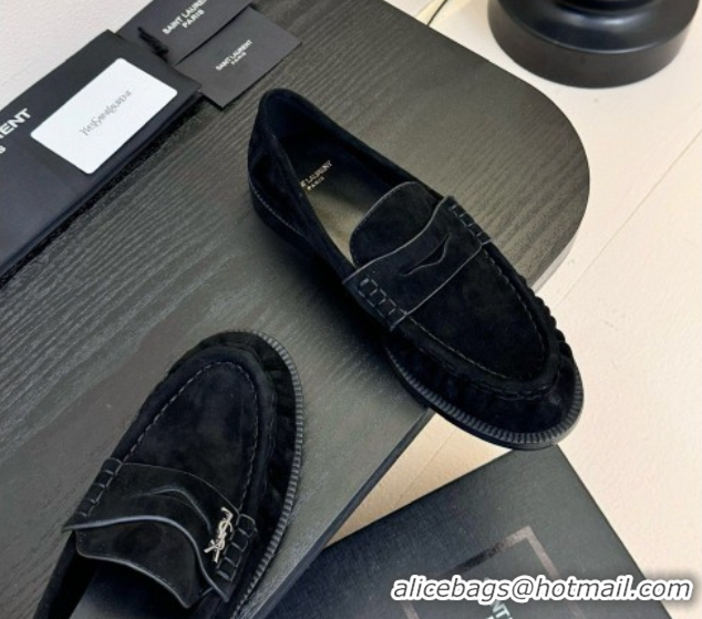 Unique Style Saint Laurent Le Loafers Penny Slippers in Suede Black 0424022