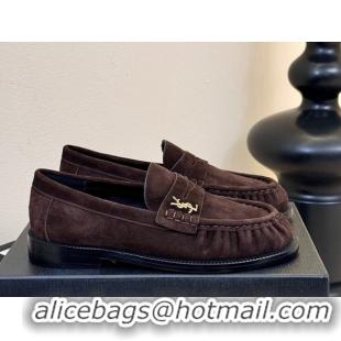 Trendy Design Saint Laurent Le Loafers Penny Slippers in Suede Dark Brown 0424023