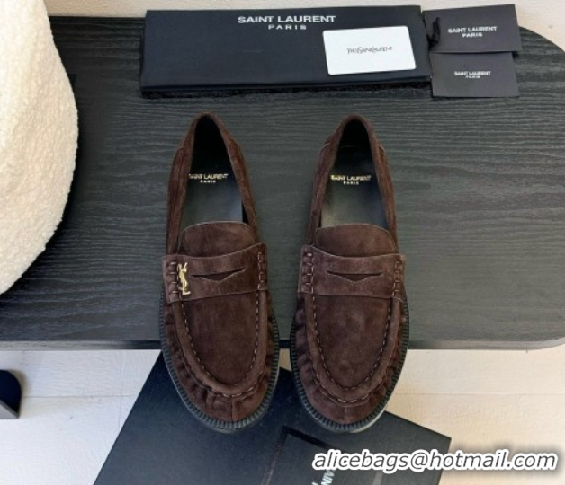 Trendy Design Saint Laurent Le Loafers Penny Slippers in Suede Dark Brown 0424023