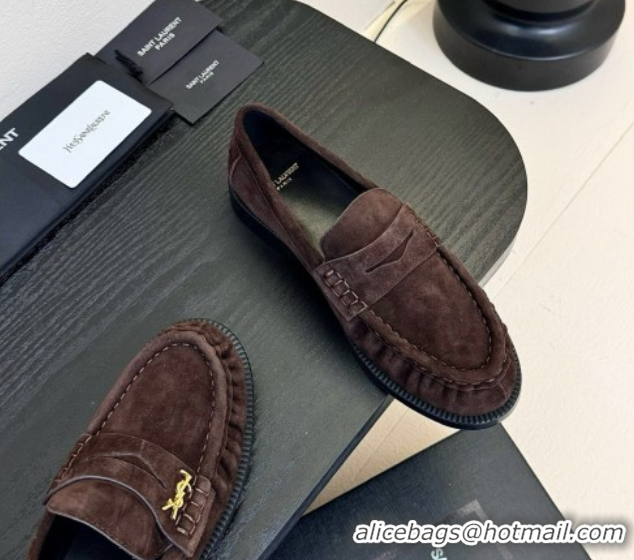 Trendy Design Saint Laurent Le Loafers Penny Slippers in Suede Dark Brown 0424023