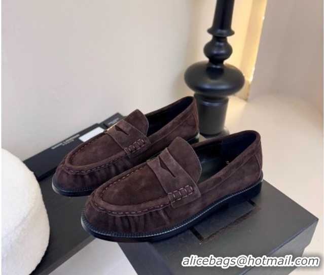 Trendy Design Saint Laurent Le Loafers Penny Slippers in Suede Dark Brown 0424023