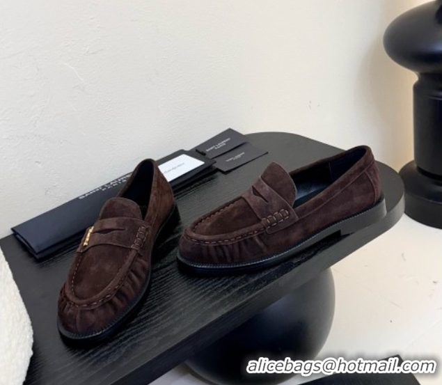 Trendy Design Saint Laurent Le Loafers Penny Slippers in Suede Dark Brown 0424023
