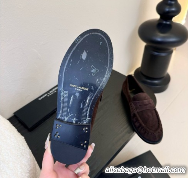 Trendy Design Saint Laurent Le Loafers Penny Slippers in Suede Dark Brown 0424023