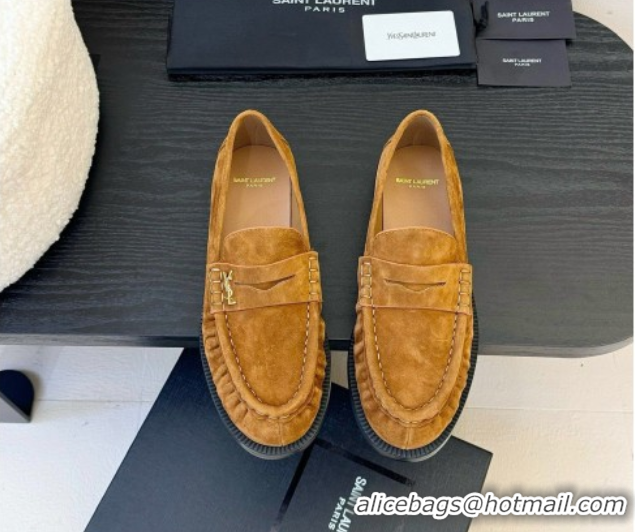 Charming Saint Laurent Le Loafers Penny Slippers in Suede Light Brown 0424024